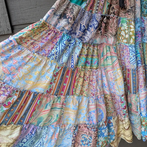India Boutique Colorful Patchwork Lightweight Flowy Maxi Skirt Free Size - Picture 2 of 9